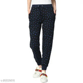 Blue cotton blend printed straight-fit trousers for women, ideal for casual wear